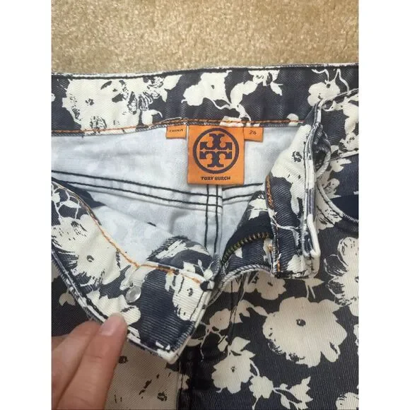 Tory Burch Floral Print Skinny Jeans Women’s Size 26 Blue White Cotton - Picture 3 of 9